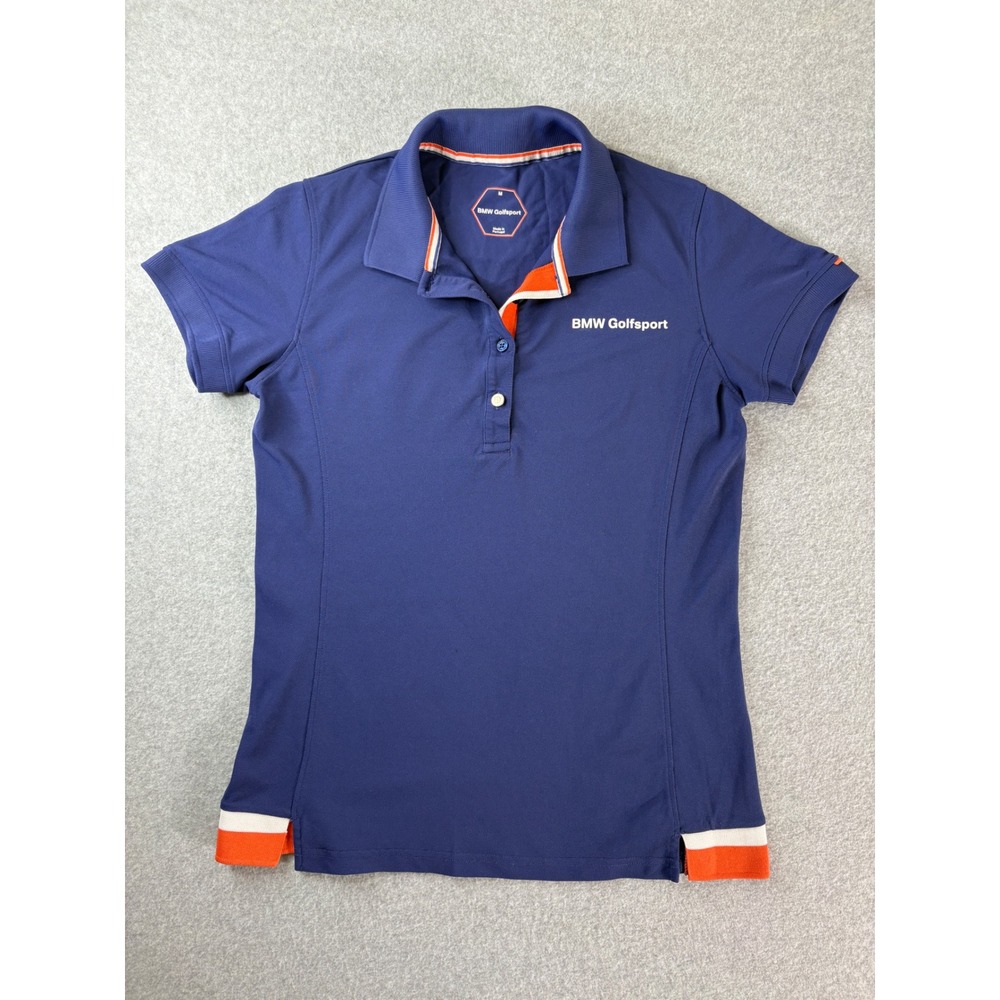 BMW Golfsport Womens Navy Blue Short Sleeve‎ Polo Shirt Size M Orange Accents
